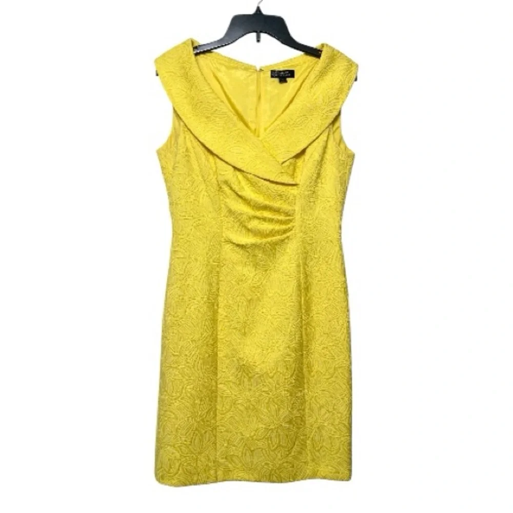 Tahari‎ Arthur S Levine Yellow Textured Sheath Sleeveless Collared Dress Size 6